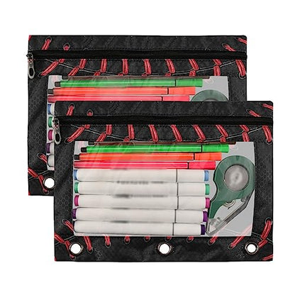 Kcldeci Pencil Pouch for 3 Ring Binder, Baseball Pattern Black 2 Pack Binder Pencil Pouch with Clear Window Pencil Bags with Zipper Pencil Case for Binder - color: A03