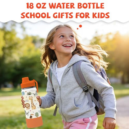 Animals Gifts for Kids - 18oz Animals Zoo Water Bottle with Straw Lid, Kids Stainless Steel Insulated Water Bottle, Leak Proof, BPA-Free, Giraffe Cup for School, Travel, Birthday Gift Cup for Teens - color: Zoo