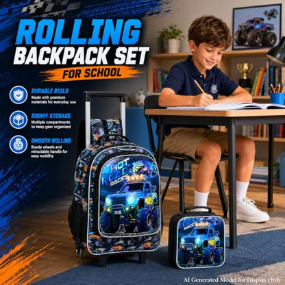 WZLVO 3PCS Boys Wheeled Backpack, 18" Truck Print Rolling Backpack for Kids, Includes Matching Lunch Bag & Pencil Bag - Blue Power Truck - color: 3PCS Boys Rolling Backpack - Blue Power Truck