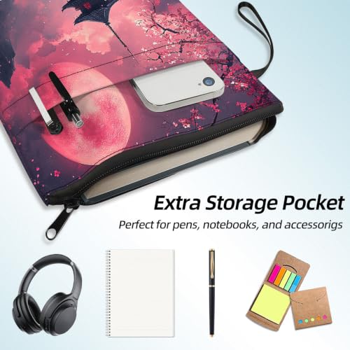 Padded Book Sleeve with Zipper & Front Pocket, Fabric Book Cover | Pagoda Blood Moon11.4"x8.7" Washable Canvas Pouch for Hardcovers, Tablets & Reading Accessories - color: Pagoda Blood Moon