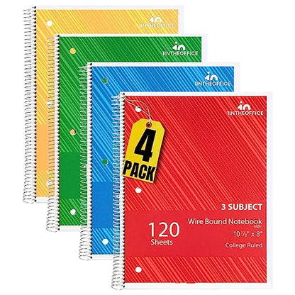 1InTheOffice Spiral Notebook College Ruled 8.5 x 11, 3-Subject College Ruled Notebooks, Wirebound Spiral Notebooks, 3-Hole Punched, 120 Sheets, Black, 4 Pack