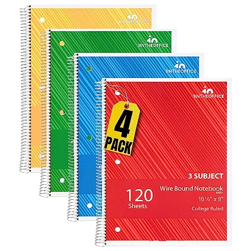 1InTheOffice Spiral Notebook College Ruled 8.5 x 11, 3-Subject College Ruled Notebooks, Wirebound Spiral Notebooks, 3-Hole Punched, 120 Sheets, Black, 4 Pack