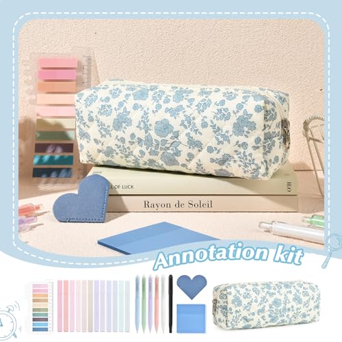 Aileam 22Pcs Book Annotation Kit Aesthetic Pencil Case with Supplies Annotation Supplies Gel Pen Transparent Sticky Note Taking Bible Reading Stationery Supplies (Blue Floral) - color: Blue Floral)