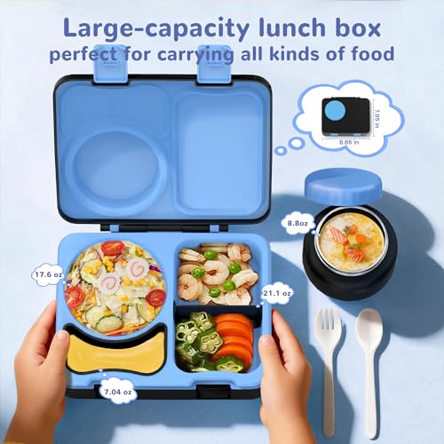 Bento Box for Kids, Leakproof Kids Bento Lunch Box Container with 8oz Insulated Thermo Food Jar, Sauce Jar, Utensil, DIY Stickers for School Boys Girls, 3-4 Compartments, BPA-Free - color: Black Blue
