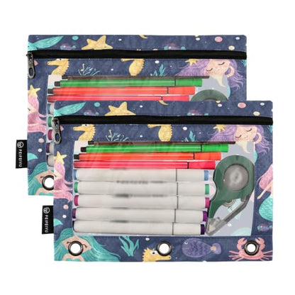 Gredecor 3 Ring Binder Pencil Pouch, Cute Mermaids Seaweed Fishes-1 Zippered Pen Case Pouches with Clear Window, 2 Pack Stylish Office & School Supplie - color: Cute Mermaids Seaweed Fishes-1