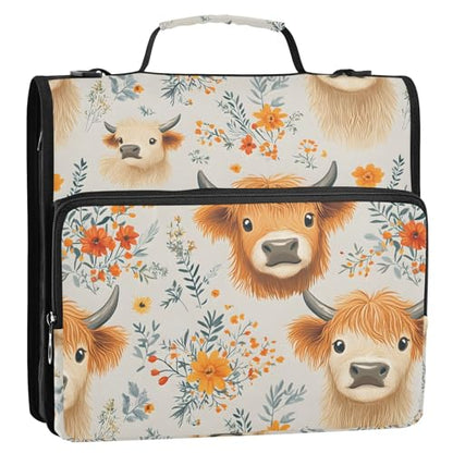 3 Ring Zipper Binder Highland Cow Wildflowers Binders Bag with Shoulder Strap 500 Sheets Paper Organizer Trapper Keeper Documents Storage File Folder for School Office - color: A1356