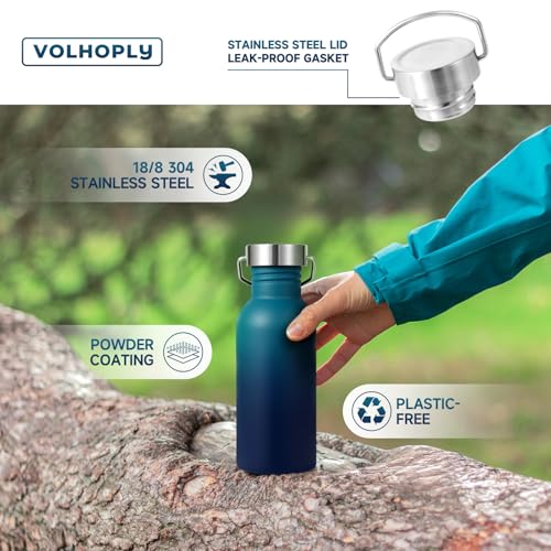 Volhoply 20oz Uninsulated Single Walled Water Bottle, Stainless Steel Reusable Water Bottles with Handle & Carabiner, BPA Free 18/8 304 Sports Water Bottles for Camping Hiking（Dark Night,1） - color: Dark Night