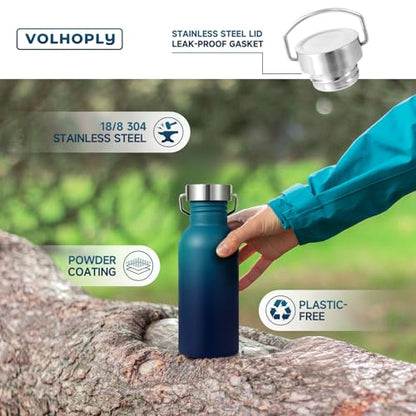 Volhoply 20oz Uninsulated Single Walled Water Bottle, Stainless Steel Reusable Water Bottles with Handle & Carabiner, BPA Free 18/8 304 Sports Water Bottles for Camping Hiking（Dark Night,1） - color: Dark Night