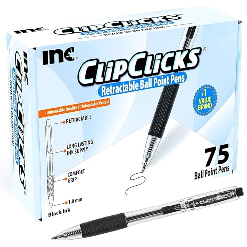 Inc. ClipClicks Retractable Ballpoint Pens - Bulk 1.0-mm Medium-Point Pen Set With Comfort Grip for School, Office, Writing, and Journaling, 75 Count, Black - color: Black, size: 1 Count (Pack of 75)