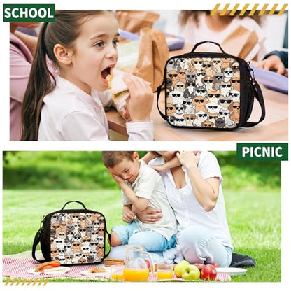 Cute Cat and Dog Lunch Box for Girls Boys Kids Insulated Lunch Bag Cartoon Animals Theme Kawaii Lunchbox with Shoulder Strap Reusable Lunch Cooler Tote Bags for School Picnic - color: Cat and Dog