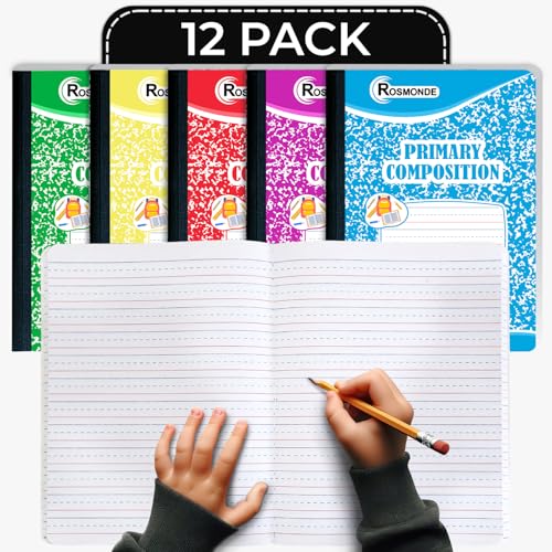 Rosmonde 12 Pack Primary Composition Notebooks, 200 Pages (100 Sheets) | Primary Ruled Composition Notebook, 9-3/4" x 7-1/2", Grades K-2, Writing Dotted Lined, Assorted Colors, Hardcover Journals, - size: 12 Pack