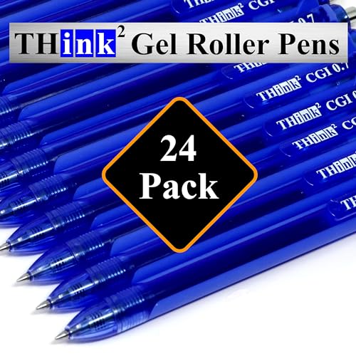 [24 Pens - Blue Ink] Think2 0.7mm CGI Retractable Gel Pens. (24 Blue) Medium Point Rollerball Pens with Smooth Quick Drying Ink. - color: Blue
