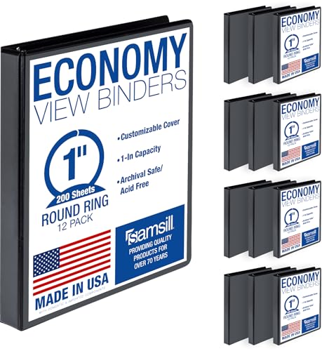 Samsill 1 Inch 3 Ring Binders, Economy Round Ring, Clear View Cover, 200 Sheet Capacity - for School, Home, Office - Black, 12 Pack - size: 12-Pack, style: 1 Inch