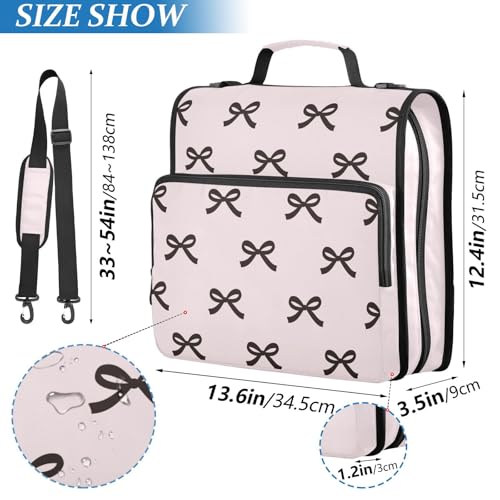 Beauty Black Bow Pink Zipper Binder with Shoulder Strap Trapper Keeper 3 Ring Binder Organizer Large Capacity Multiple Compartments for School Office