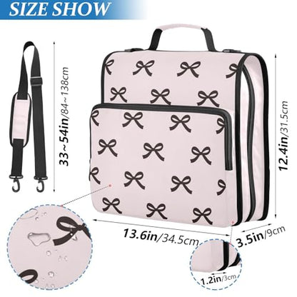Beauty Black Bow Pink Zipper Binder with Shoulder Strap Trapper Keeper 3 Ring Binder Organizer Large Capacity Multiple Compartments for School Office