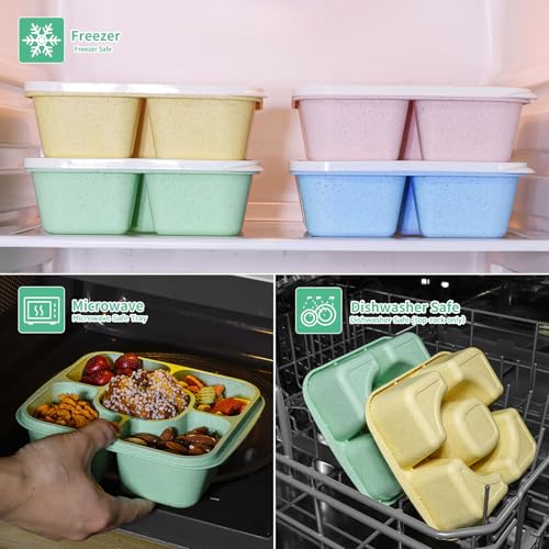 Original Lunchable Snack Containers - 5 Compartments Bento Snack Boxes with 1 Leakproof Small Containers, Wheat Straw, BPA-Free, Set of 2 (Green+Yellow) - color: Green+Yellow