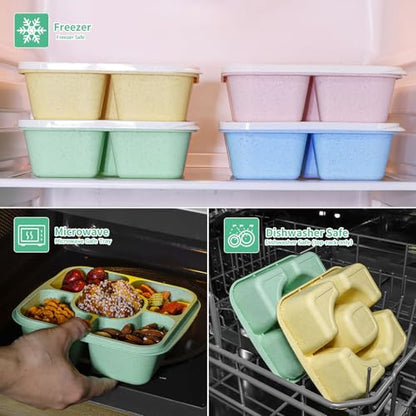 Original Lunchable Snack Containers - 5 Compartments Bento Snack Boxes with 1 Leakproof Small Containers, Wheat Straw, BPA-Free, Set of 2 (Green+Yellow) - color: Green+Yellow
