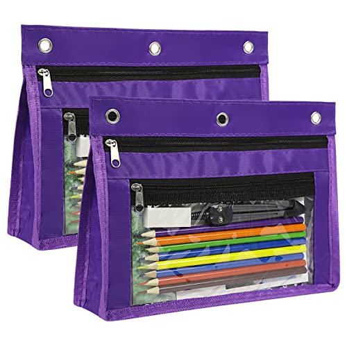 YoeeJob 2 Pack 1 Inch Expandable Zipper Pencil Pouches with Clear Window for 3 Ring Binder, Suitable for School & Office (Purplek) - color: Purple
