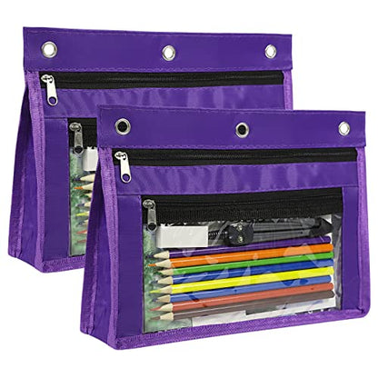 YoeeJob 2 Pack 1 Inch Expandable Zipper Pencil Pouches with Clear Window for 3 Ring Binder, Suitable for School & Office (Purplek) - color: Purple
