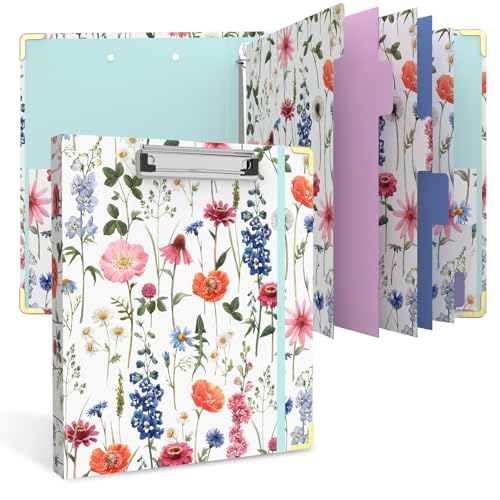 3 Ring Binder 1 Inch Round Ring Binder with 6 Tab Dividers，2 Interior Pockets，Cute Binder Clipboard with Storage, for School Office, Portfolio(Wild Flowers) - color: Wild Flowers, size: 1" Binder with Dividers