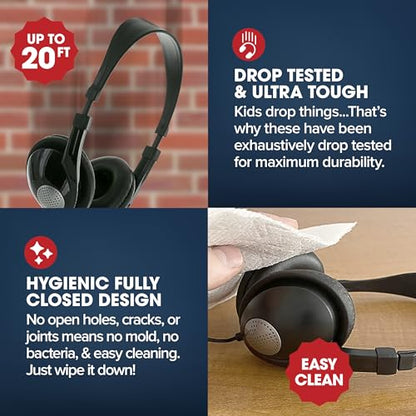 SENTRY Bulk 8 Pack Rugged School Headphones, 3.5 mm Jack Connection, Durable for Kids, Students, Teachers, Classrooms, Braided Cable, Inline Microphone, for Online Learning