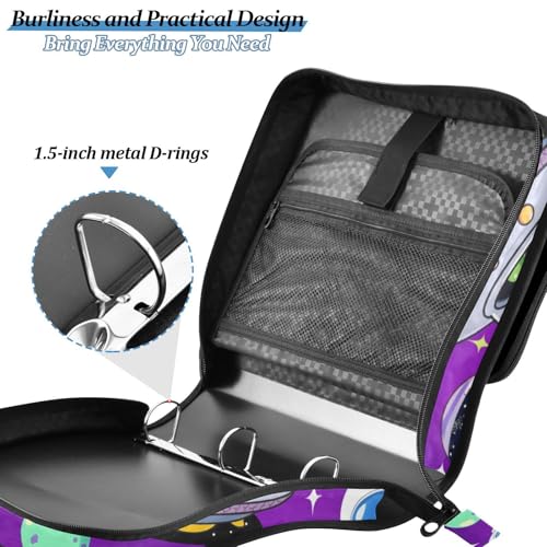 3 Ring Zipper Binder with Shoulder Strap Cute Astronauts Alien Space 1.5 inch Binders Keeper Large Capacity Multi Pockets for School Office Supplies