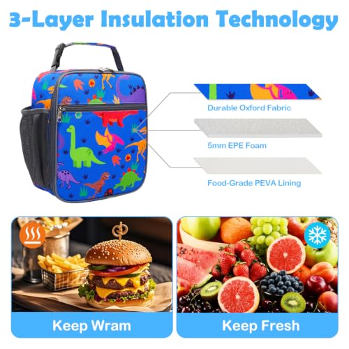 FlowFly Kids Lunch box Insulated Soft Bag Mini Cooler Back to School Thermal Meal Tote Kit for Girls, Boys, Dinosaur - color: Dinosaur