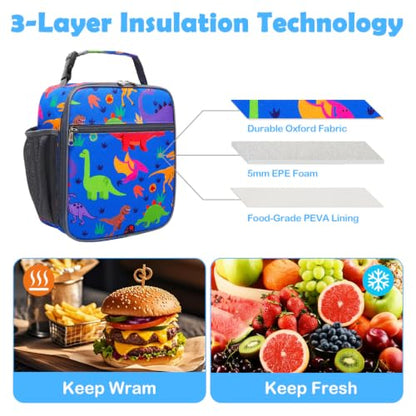 FlowFly Kids Lunch box Insulated Soft Bag Mini Cooler Back to School Thermal Meal Tote Kit for Girls, Boys, Dinosaur - color: Dinosaur