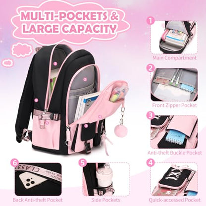 ACESAK Kids School Backpack for Girls, 4-In-1 Bookbag Backpack Set with 14OZ Insulated Kids Water Bottle, Lunch Bag Set for Girls Kid Teens Middle School Student, Girl Backpacks for Schools - color: Black-pink