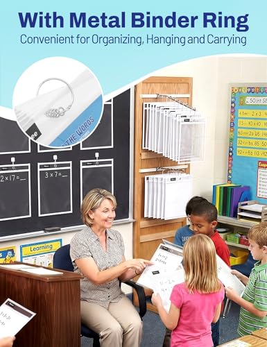 SUNEE 6 Packs Oversized Reusable Dry Erase Pocket Sleeves with Ring, White 10x14 Ticket Holders, Clear Plastic Sheet Protectors, Teacher School Classroom Supplies - color: White, style: 6 Pack
