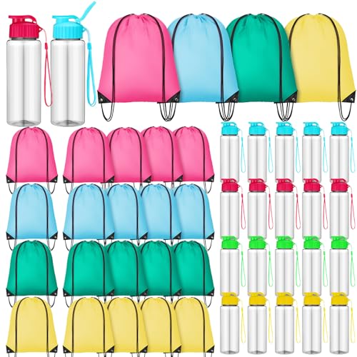 40 Pcs 17 oz Plastic Water Bottles Bulk and Drawstring Backpack Set for Back to School Gifts Reusable Flip Top Leakproof Water Bottles with Handle Adults Sports Gym Travel Outdoor(Stylish) - color: Stylish
