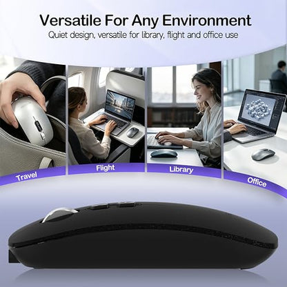 FMOUSE Slim Wireless Mouse, Tri-Mode 2.4G & Bluetooth, Rechargeable – Black | USB-A & USB-C Receiver | Silent Click | One-Key Desktop | Works with Mac, iPad & Laptops | Long-Life Battery | Portable - color: Black