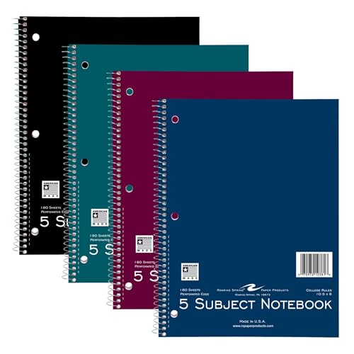 Roaring Spring College Ruled 5 Subject Notebook, Wirebound Writing Notebook, 4 Pack, 180 Sheets, 8 x 10.5 Inches, Made in USA, Ideal for Students, School, & Office - size: 5 Subject