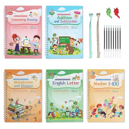 CosyCorner Magical Handwriting Workbooks Handwriting Practice Magic Copybook, Handwriting Aid Magic Pen Reusable Copybook Grooves Template Design for Children(4 Books, 10.2×7.2 in)