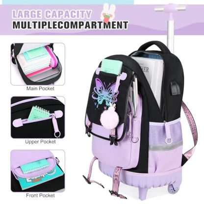 Bevalsa Rolling Backpack for Girls, 3PCS Roller School Backpack Set | with Lunch Box & Pencil Case, Kids Bookbag with Wheels for Teen Girls Elementary Middle High School Students - color: Purple Butterfly