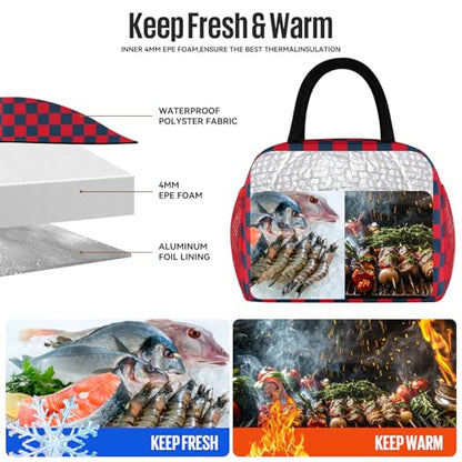 Lunch Bag Women/Men Lunch Box Women/Men (Dark blue+Red Checkerboard) | Spacious Lightweight Waterproof Sturdy Durable Great Value For Office Work School Picnic Travel - color: Dark blue+Red Checkerboard