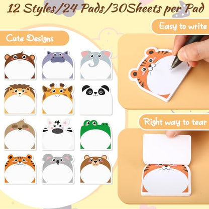 Yinder 24 Pads Cute Sticky Notes Fun Kawaii Safari Animal Sticky Notes Pads Bulk Cartoon Memo Self Adhesive Gift Back to School Veterinary Office School Tab Party Supplies - style: Safari Animals