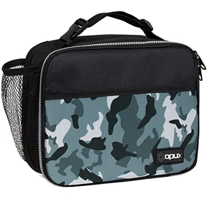 opux Insulated Lunch Bag for Kids, Reusable Lunch Box for School with Leakproof Lining, Compact Soft Cooler Tote for Boys & Girls, Front Pocket, Mesh Side Bottle Holder (Camo Green) - color: Camo Green