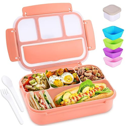 Bento Box Adult Lunch Box, Lunch Containers for Kids Girls Boys with 4 Compartments, Lunchable Food Container with Utensils, Sauce Jar, Muffin Liners, 40 Oz/5 Cup, Microwave & Dishwasher Safe, Pink - color: Pink