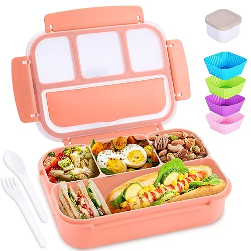 Bento Box Adult Lunch Box, Lunch Containers for Kids Girls Boys with 4 Compartments, Lunchable Food Container with Utensils, Sauce Jar, Muffin Liners, 40 Oz/5 Cup, Microwave & Dishwasher Safe, Pink - color: Pink