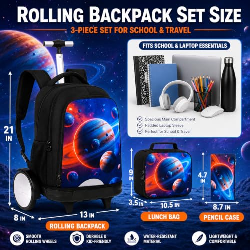 gxtvo Large Wheels & Quiet Glide | Rolling Backpack for Kids - Water-Resistant Wheeled Bag with Lunch Box for School, Travel & Outings - Space Planets - color: Rolling Backpack Space Planets Black