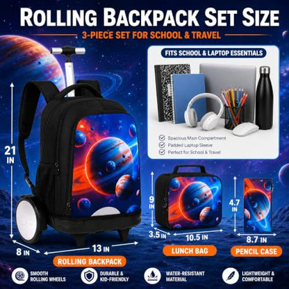 gxtvo Large Wheels & Quiet Glide | Rolling Backpack for Kids - Water-Resistant Wheeled Bag with Lunch Box for School, Travel & Outings - Space Planets - color: Rolling Backpack Space Planets Black