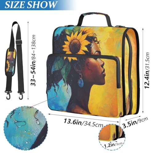 3 Ring Zipper Binder Sunflower Black Girl Binders Bag with Shoulder Strap 500 Sheets Paper Organizer Trapper Keeper Documents Storage File Folder for School Office - color: A1129