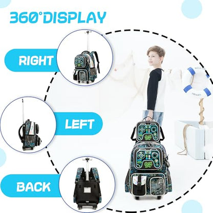16inch Rolling Backpacks for Boys School Backpacks with Wheels for Elementary Preschool Students Kids Travel Luggage Suitase for Boys - color: Black Game
