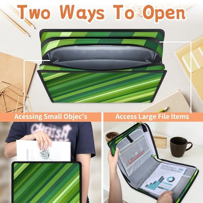 Green Stripe Zipper Binder, 3 D-Ring Expanding File Folder with Handle & Adjustable Shoulder Strap, 400 Sheets Capacity Multi-Pocket Organizer for 13 Inch Laptop - color: Green Stripe