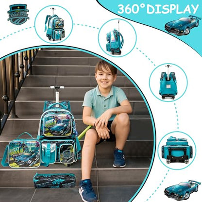 Meetbelify Kids Rolling Backpack with Wheels for Boys Rolling Backpacks with Lunch Box for Elementary School Students 3 in 1 Travel Luggage Suitcase for Boys Age 8-10 - color: Boy 04