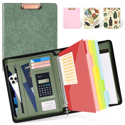 Ospelelf Green Leather Portfolio Binder 3 Ring, Zippered Clipboard Folder with Storage - 5 Dividers with Pocket, Padfolio for Women,12.1” Tablet Sleeve, Refillable Notepad, Card Slot - color: Vintage Green