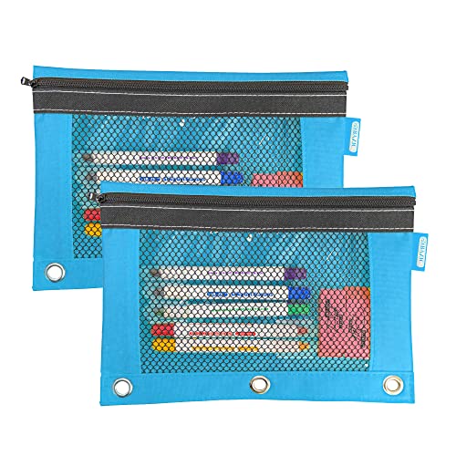 BAZIC PRODUCTS Bright Color 3-Ring Pencil Pouch with Mesh Window, 2-Pack | clear mesh window and a zipper closure for pens; pencils; supplies - color: Blue