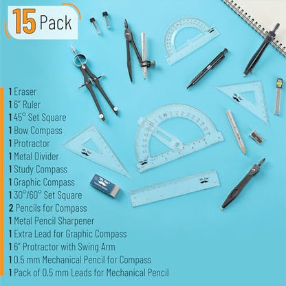 Mr. Pen- Geometry Set, 15 pcs, Black, 6 Inch Swing Arm Protractor, Divider | Set Squares, Ruler, Compasses and Protractor - color: Black