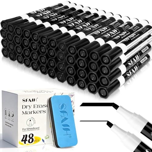 SFAIH Dry Erase Markers Chisel Tip with Magnetic Whiteboard Eraser, 48 Bulk Pack Black White Board Markers for Teachers, Versatile Lines, 1s Quickly Dry, Essential Supplies for Office Teacher - color: Black, size: 1 Count (Pack of 48)